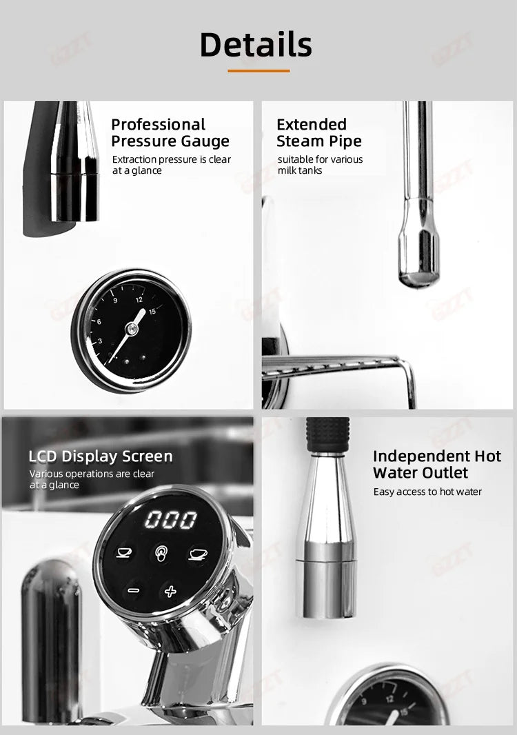 GZZT espresso machine details showing chrome steam pipe, pressure gauge, LCD display, and hot water outlet features.