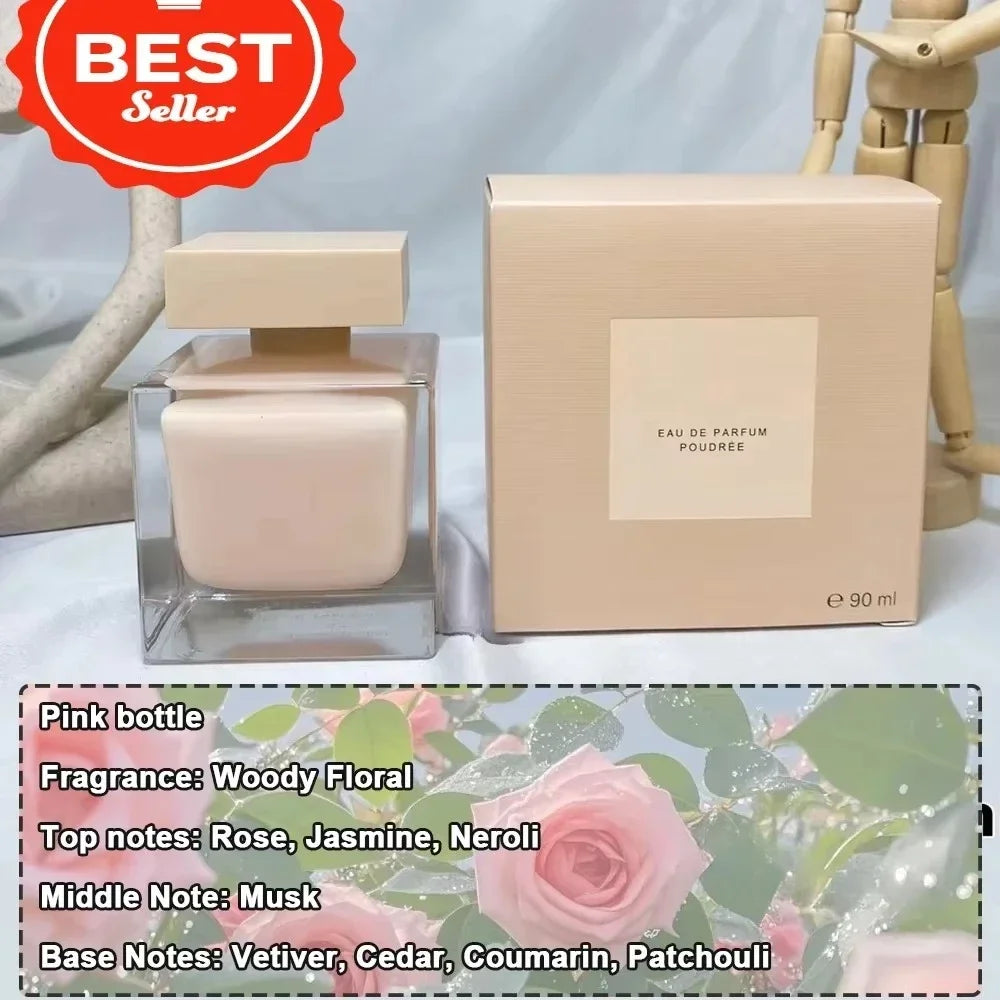 Women's Eau de Parfum: Woody floral scent in square pink bottle with rose, musk, and cedar notes. 90ml perfume gift.