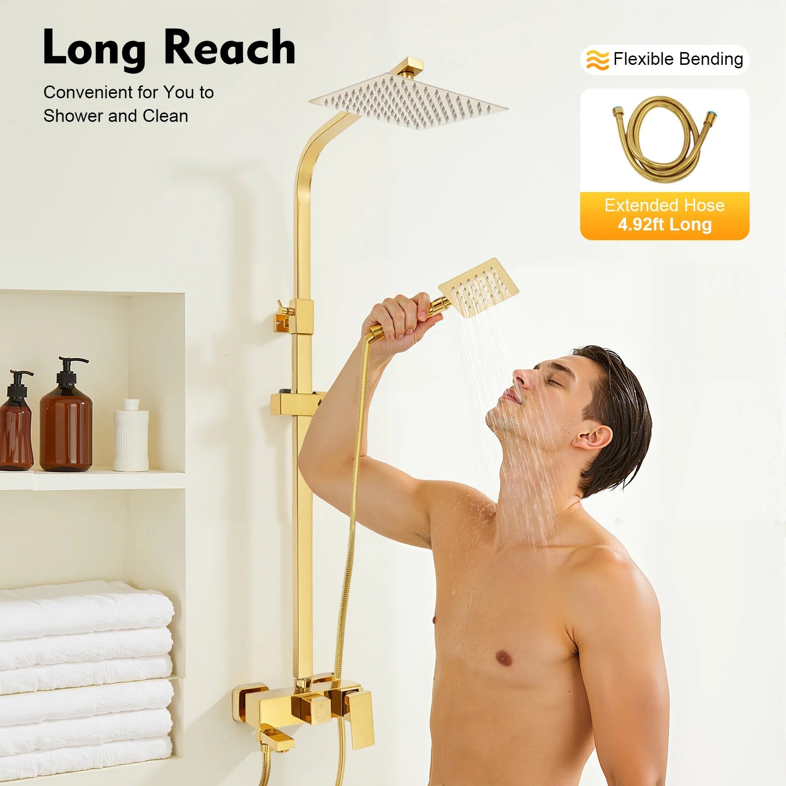 Adjustable Gold Brass Shower Column Set, Rain Shower & Handheld Shower with Stainless Steel Hose, Bathroom Shower Faucet Set