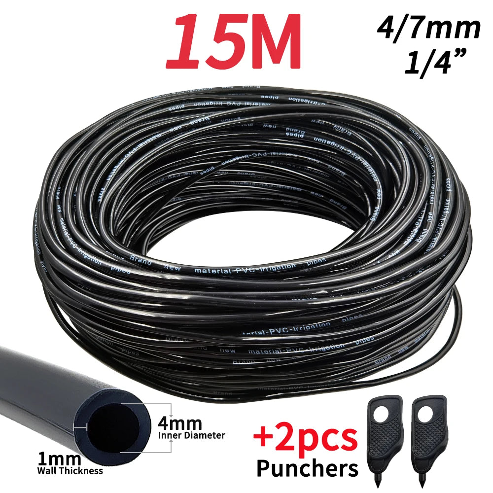 Black micro drip hose coil with 2 punch tools and 4mm inner diameter