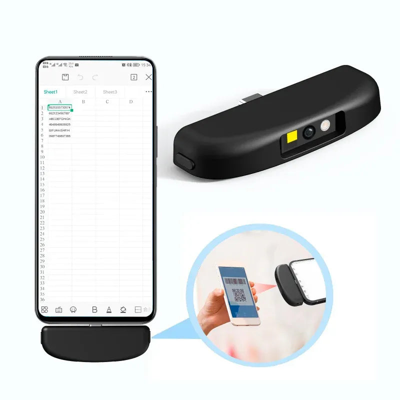 Compact black 2D barcode scanner cradle with indicator lights for phone scanning
