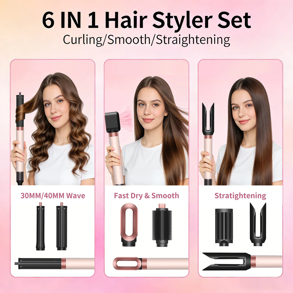 SenCiciMen 6-in-1 rose gold hair styler set with curling, straightening, and blow dryer brush attachments.