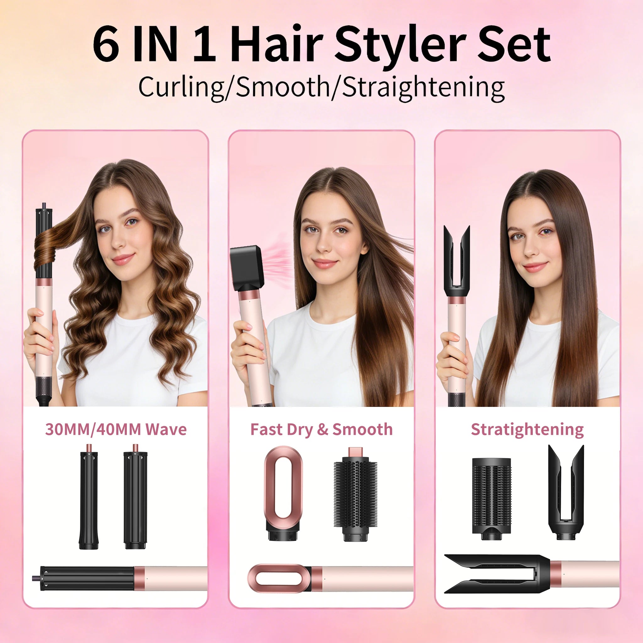SenCiciMen 6-in-1 rose gold hair styler set with curling, straightening, and blow dryer brush attachments.