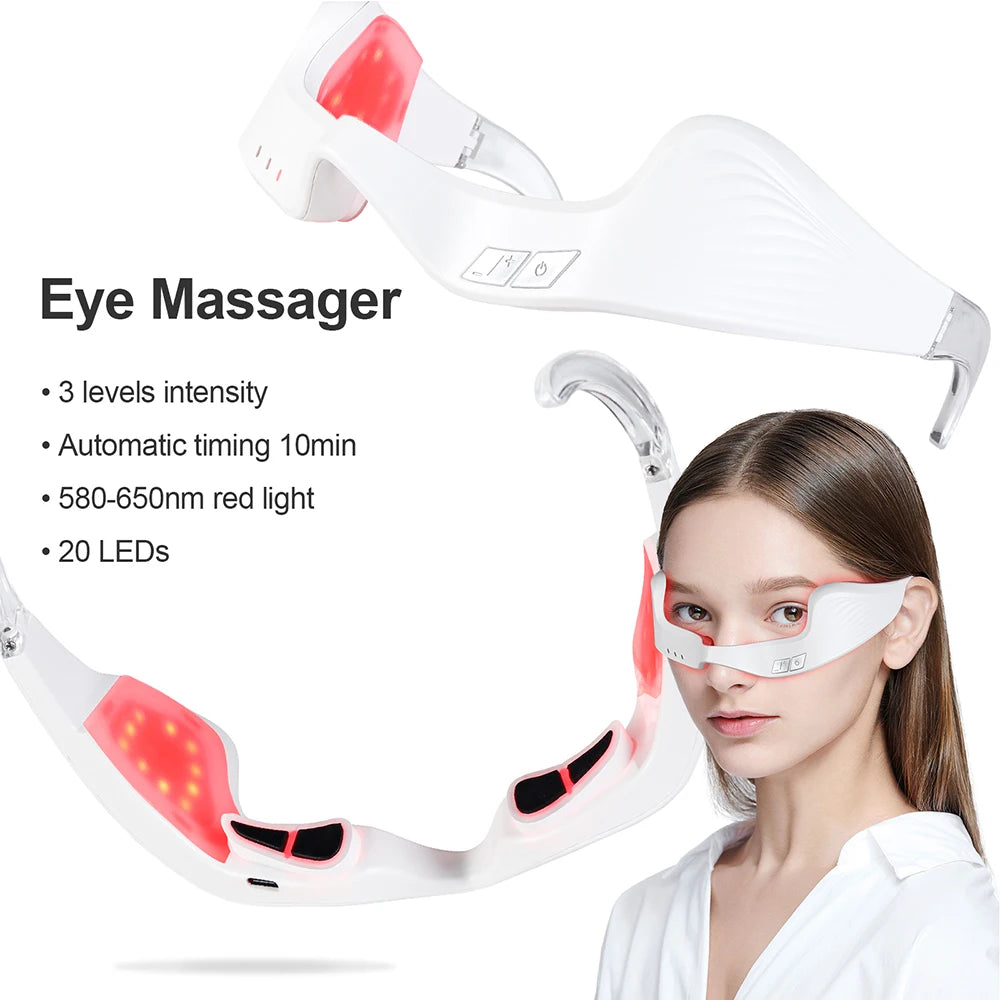 Woman wearing white electric red light eye massager glasses for anti-wrinkle relief and under-eye fatigue treatment.
