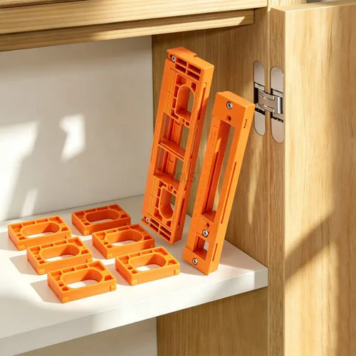 Orange invisible door hinge mortising template jig with hinge cutout guides