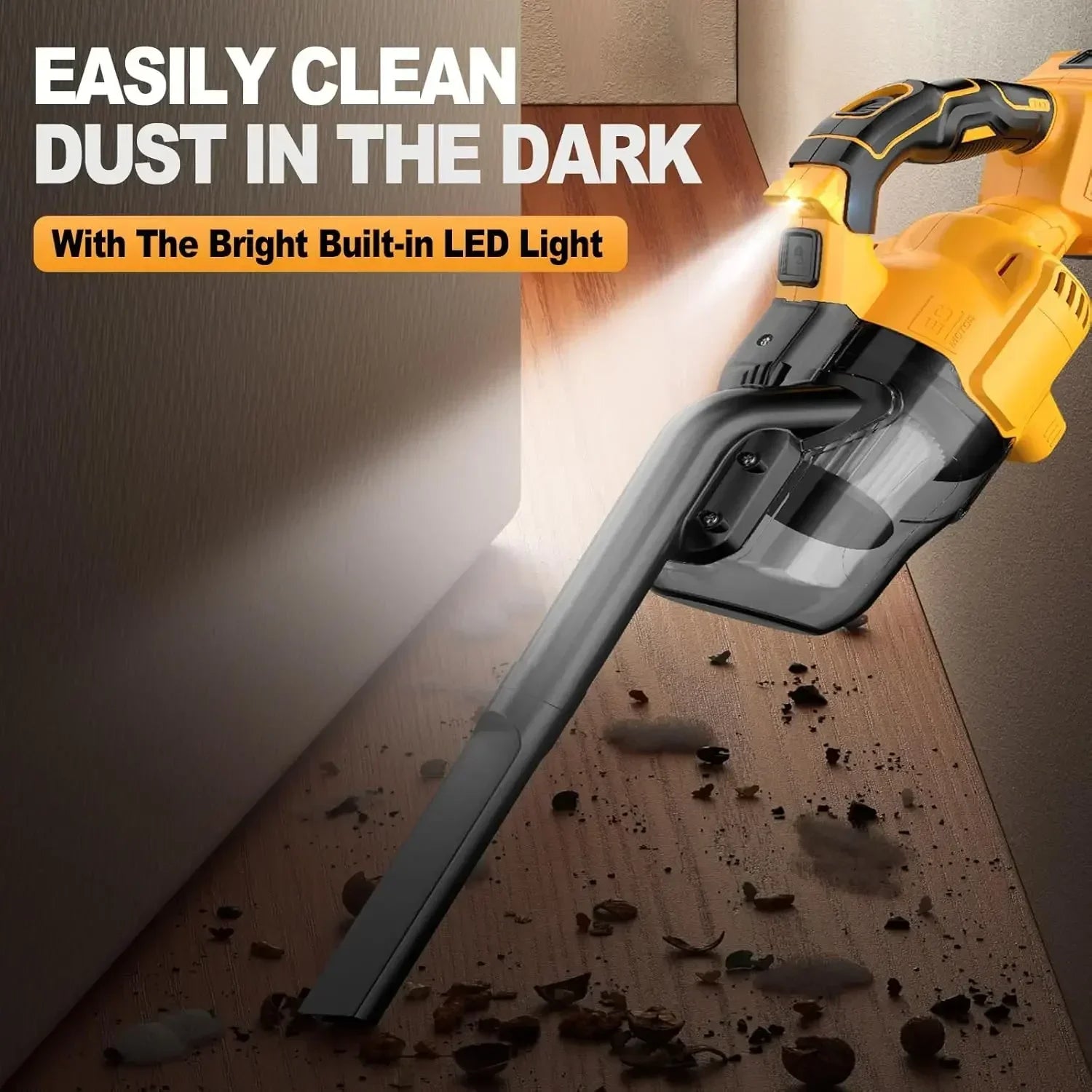 Cordless yellow handheld vacuum for DeWalt 20V battery with LED light cleaning pet hair and dust in dark corners.