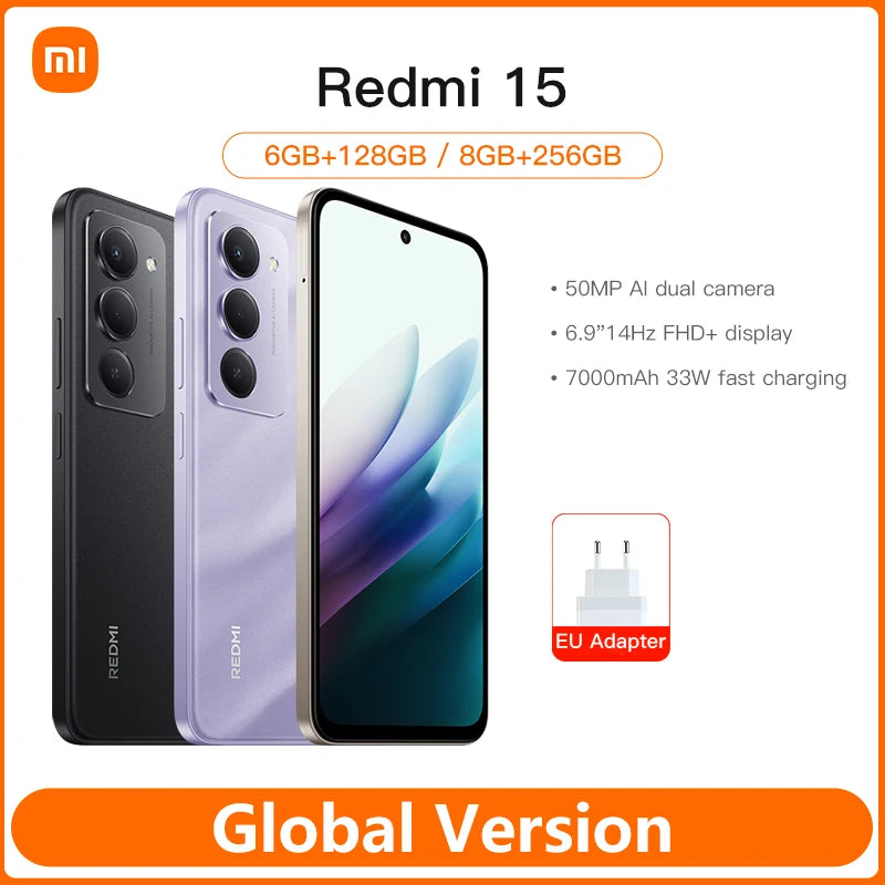 Phone Xiaomi Redmi 15 Global Version Android Snapdragon 685 128GB / 256GB ROM 6.9" FHD+ DotDisplay 50MP Camera 7000mAh 33W IP64