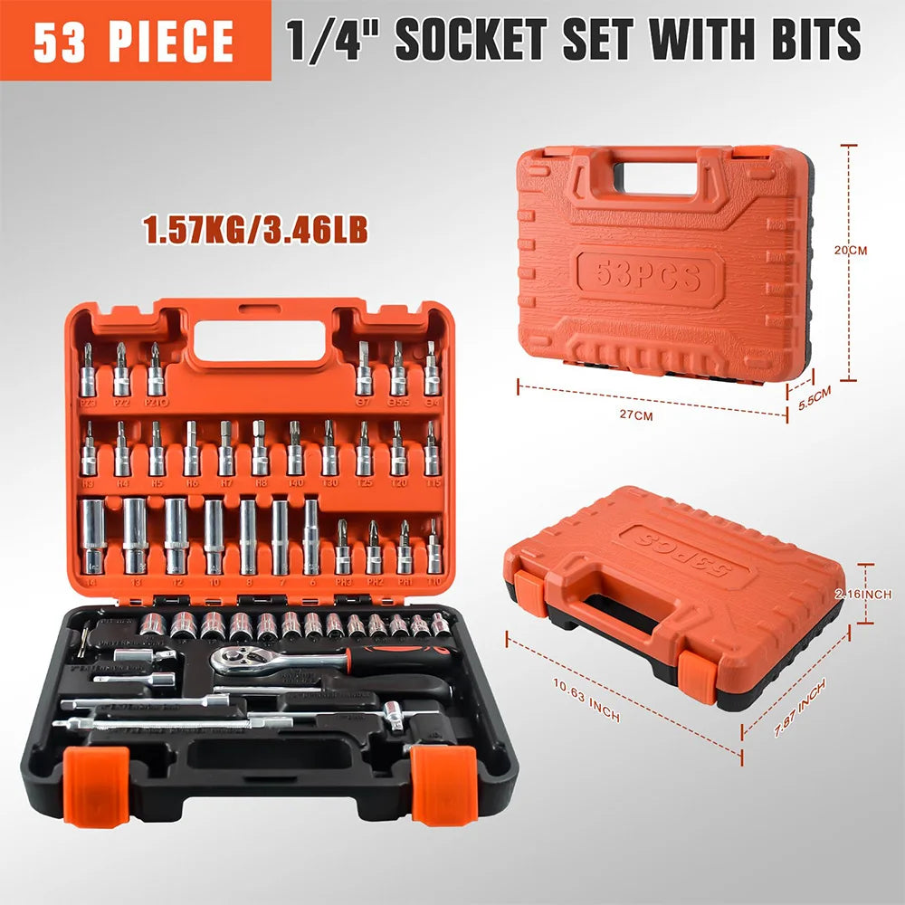 Camecho 53Pcs/Set 1/4-Inch Car Repair Tool Kit Socket Set Car Repair Tool Ratchet Torque Wrench Combo Auto Repairing Tool Set