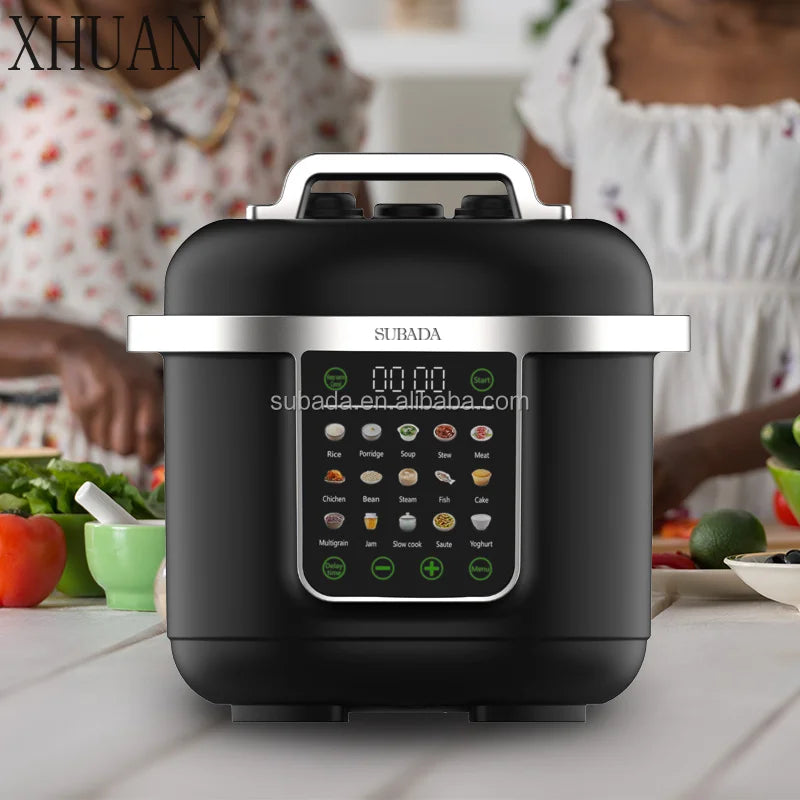 Black electric pressure cooker with top handle and illuminated touch control panel