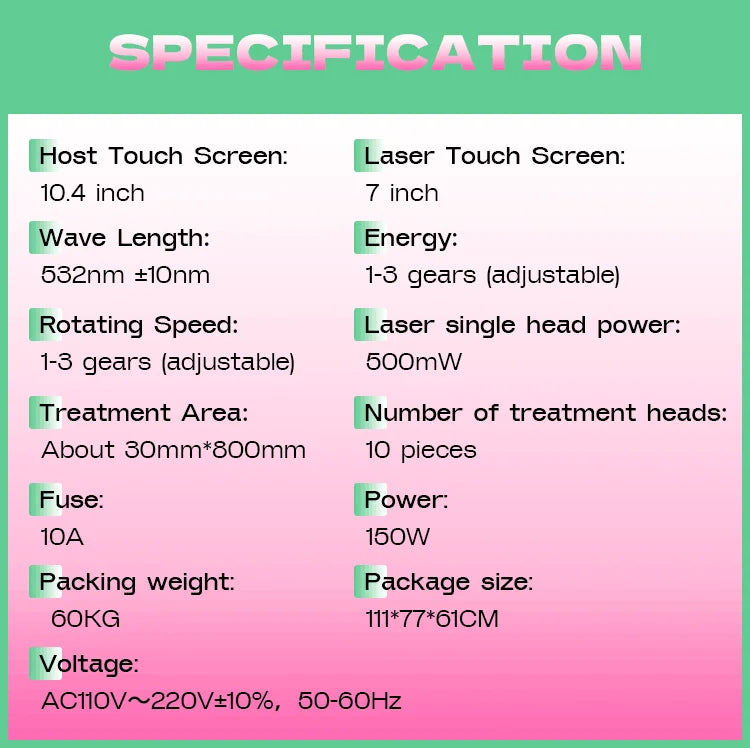 Technical specification chart for painless LLLT light therapy fat burning weight loss device with 10 treatment heads.