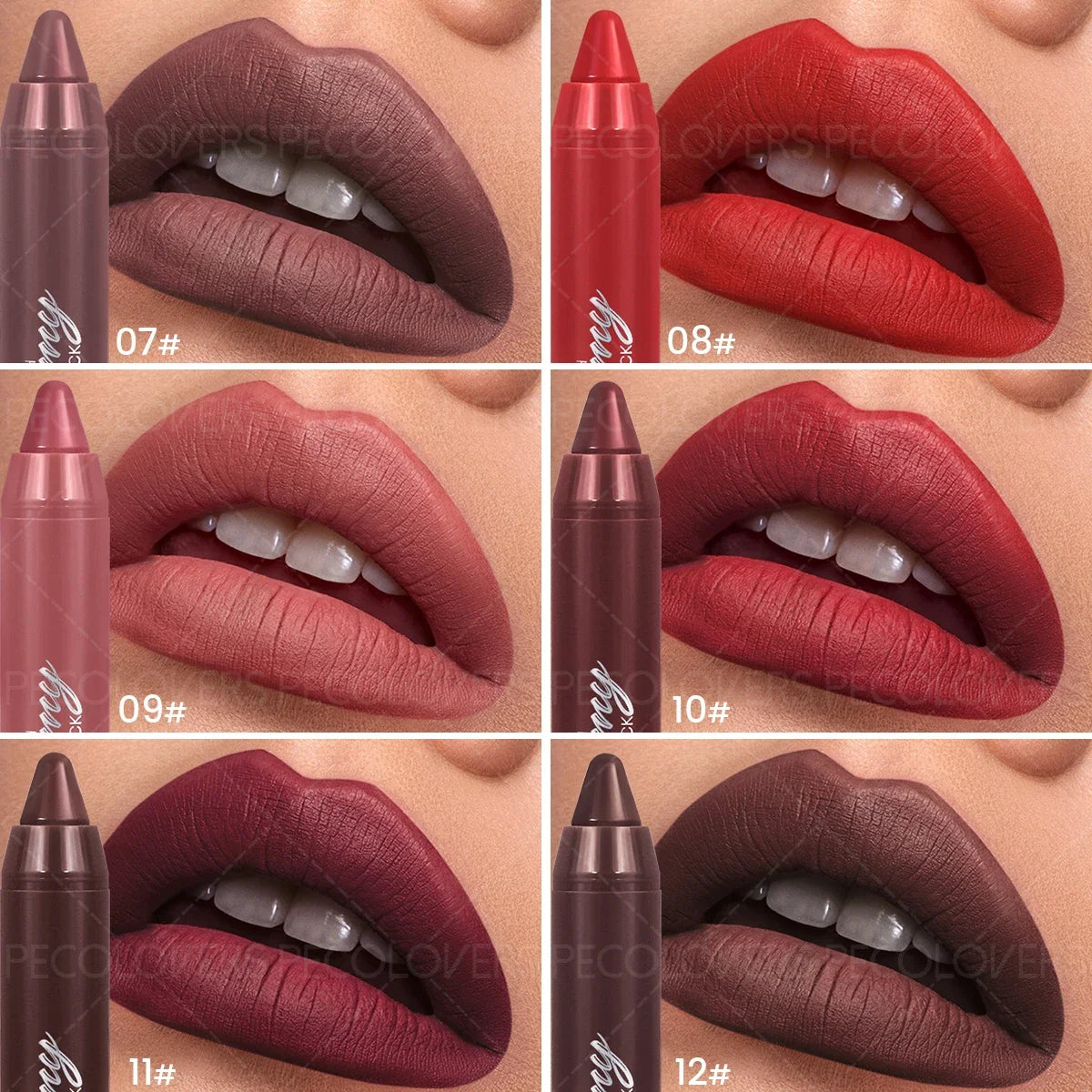 Matte lip crayon set featuring 6 pigmented, moisturizing lipstick pencil shades, from soft nudes to deep berry tones.