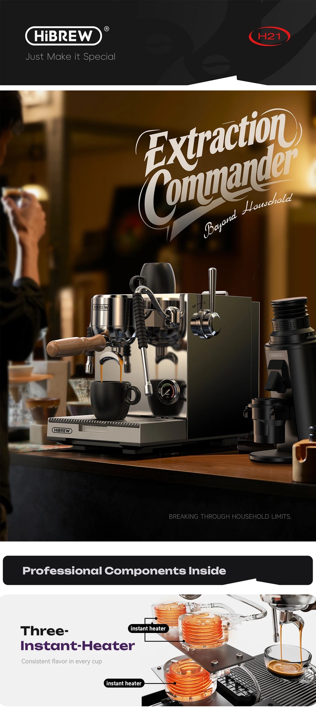 HiBREW H21 espresso machine in polished chrome and black with wood portafilter handle and triple instant heater tech.