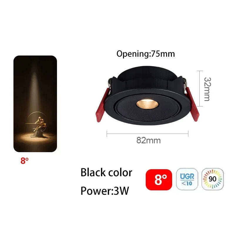 Black recessed LED spot light, 3W, 8° beam angle, opening 75mm, 32mm depth