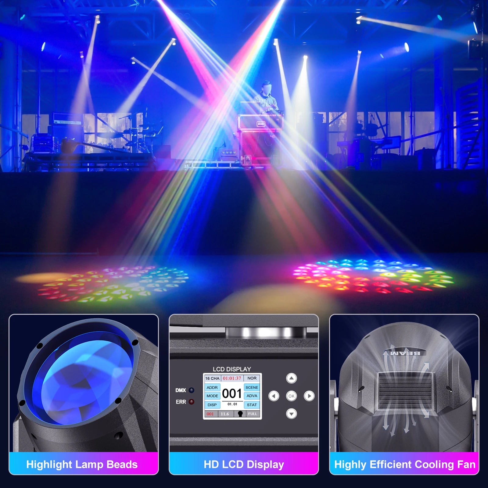 U'King 280W 10R Beam Moving Head Light DMX512 Rainbow Effect Strobe Stage Light 14 Colors 14 Gobos 2 Prisms for DJ Party Disco
