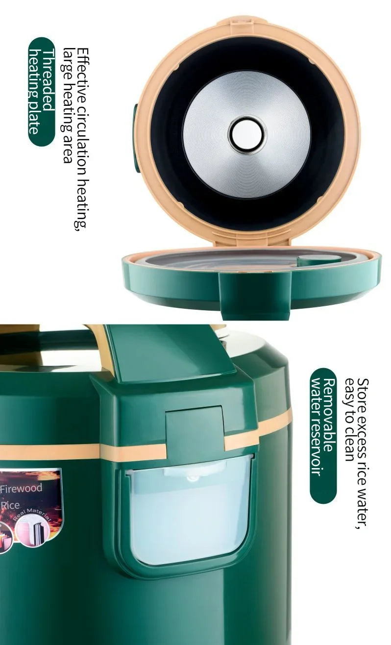 Rice cooker with open lid, removable inner bowl, and side latch details