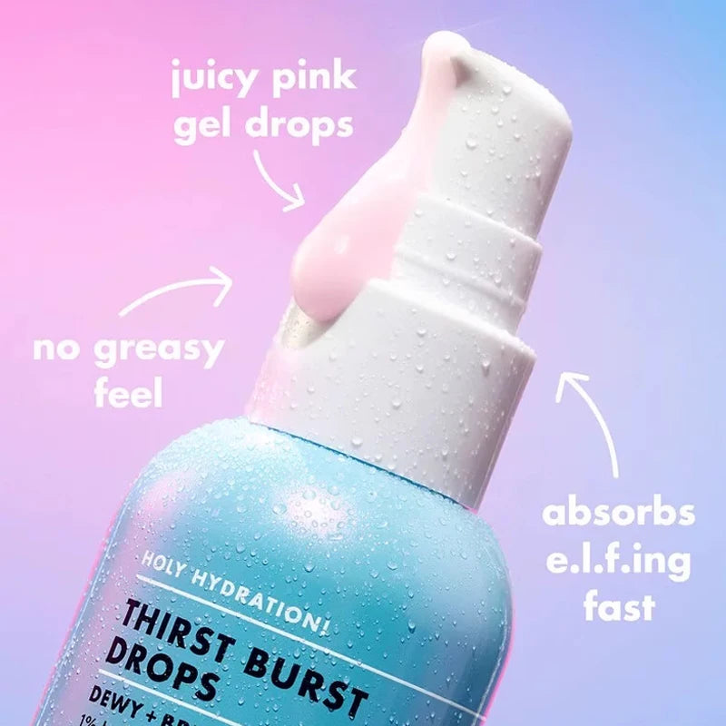 e.l.f. Holy Hydration Thirst Burst Drops with juicy pink gel texture in a dew-covered blue pump bottle.