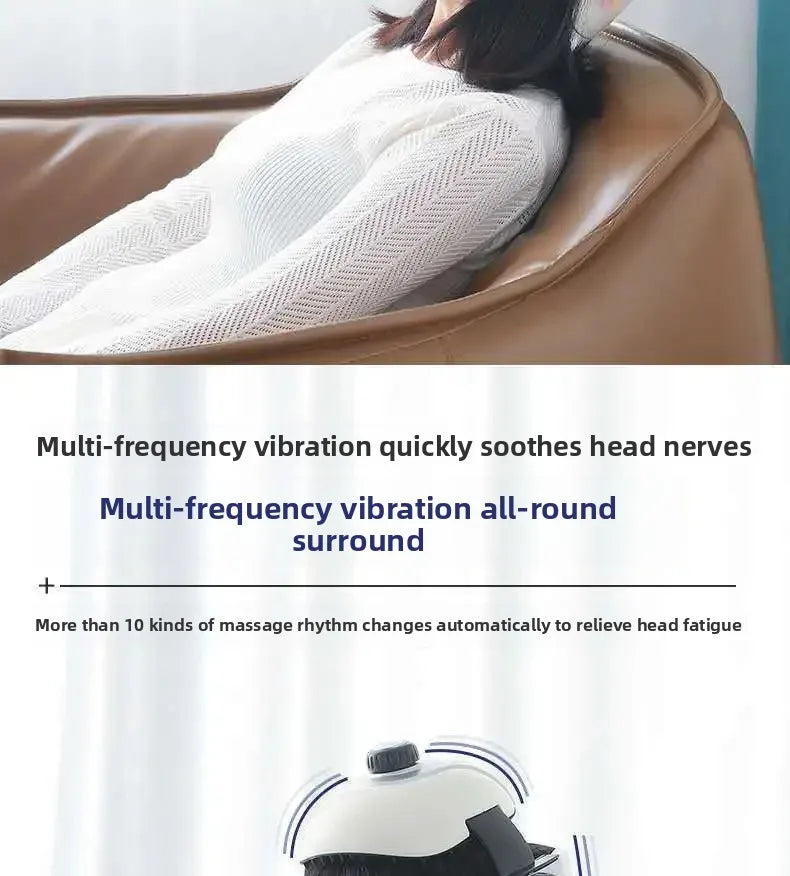 Integrated head and eye massager helmet with multi-frequency vibration for scalp and neck relaxation.