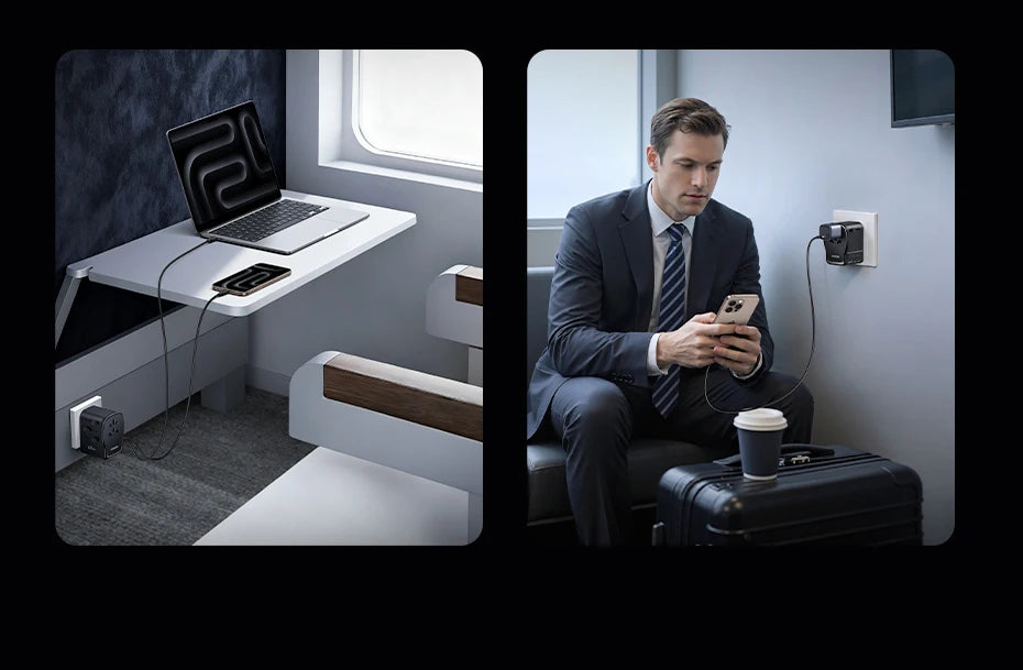 UGREEN 65W Universal Travel Adapter 2 USB-C 1 USB-A AC Socket GaN Charger Certified CE FCC UKCA TÜV For EU US UK Grounded Plug