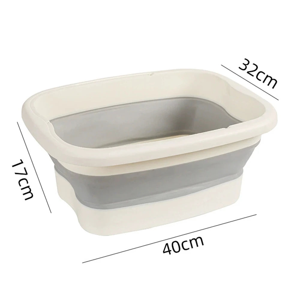 Foldable silicone foot bath tub, beige and grey portable basin with 40x32x17cm dimensions for home or travel use.