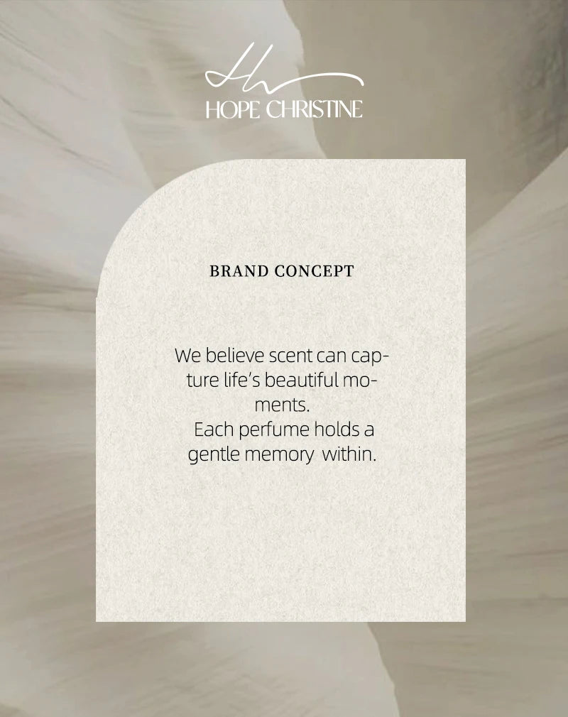Text on a cream-colored, arch-shaped card detailing a brand concept for perfume, set against a blurred marble