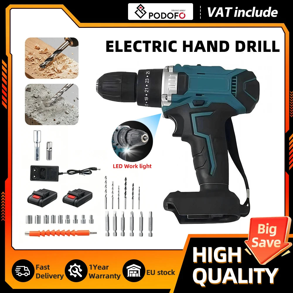 Podofo 21V Lithium Cordless Electric Screwdriver Set Brush Motor 25 Plus 3 Speed Impact Drill Tool With LED Light Two Rechargeable Batteries