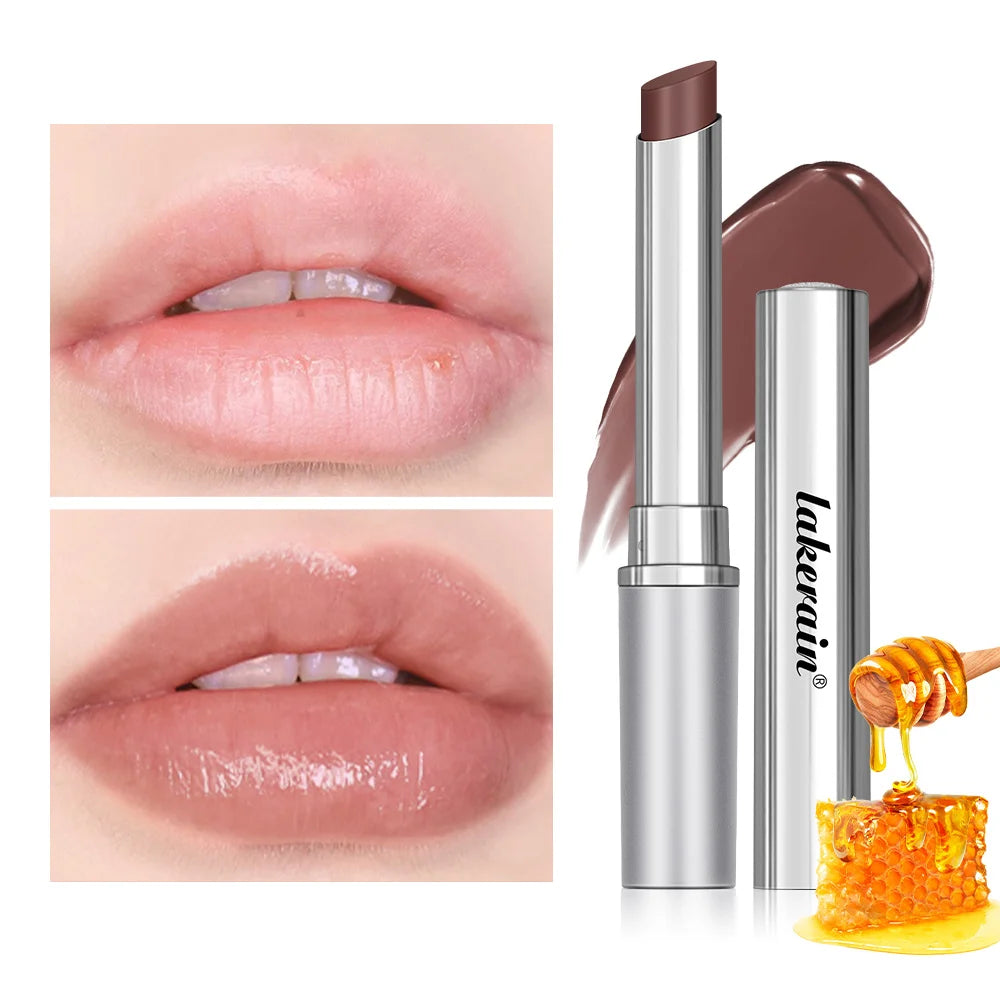 Long-lasting moisturizing honey lip balm in a metallic tube, showing a glossy brown lipstick swatch and applied lips.