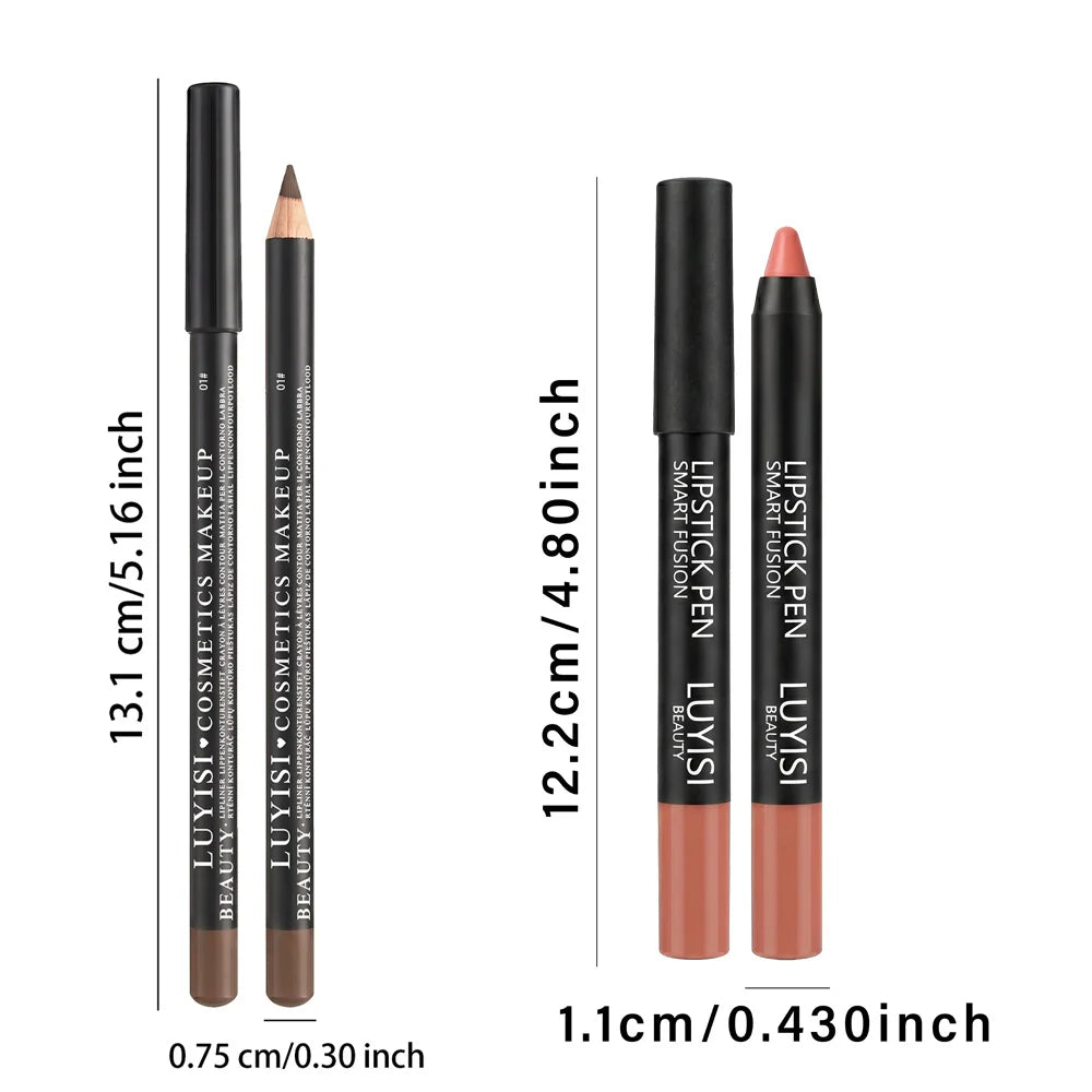 2pc velvet lip set with long-lasting brown lip liner and waterproof matte lipstick pencil for precise lip makeup.