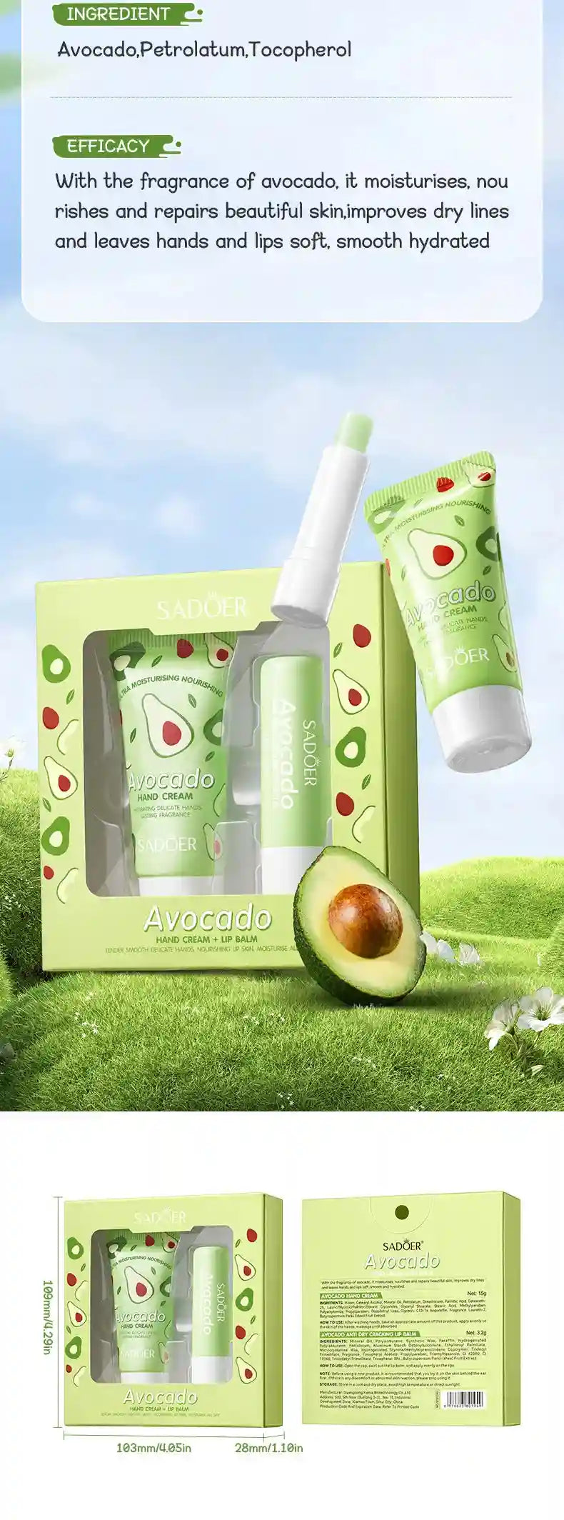 Avocado Nourishing Hand Cream & Lip Balm Set for Dry Skin Repair Lip Care Tidesmit