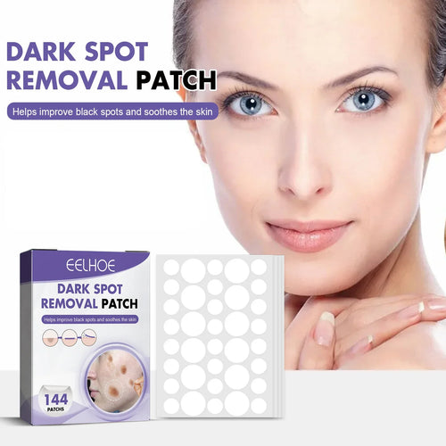 Dark spot removal patch set showing 144 circular hydrocolloid patches and box