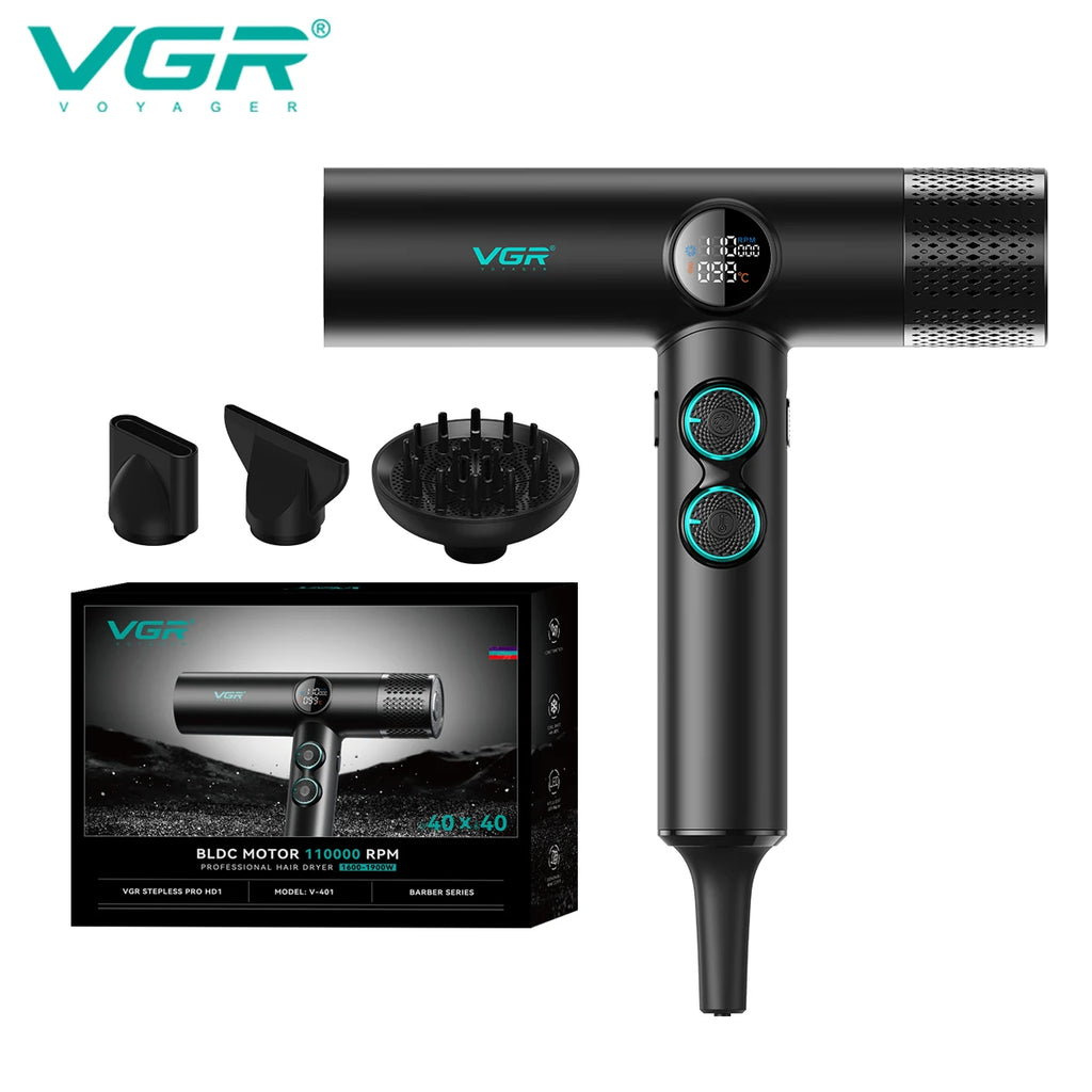 VGR V-401 black professional hair dryer with 110,000 RPM BLDC motor, digital display, and three styling attachments.