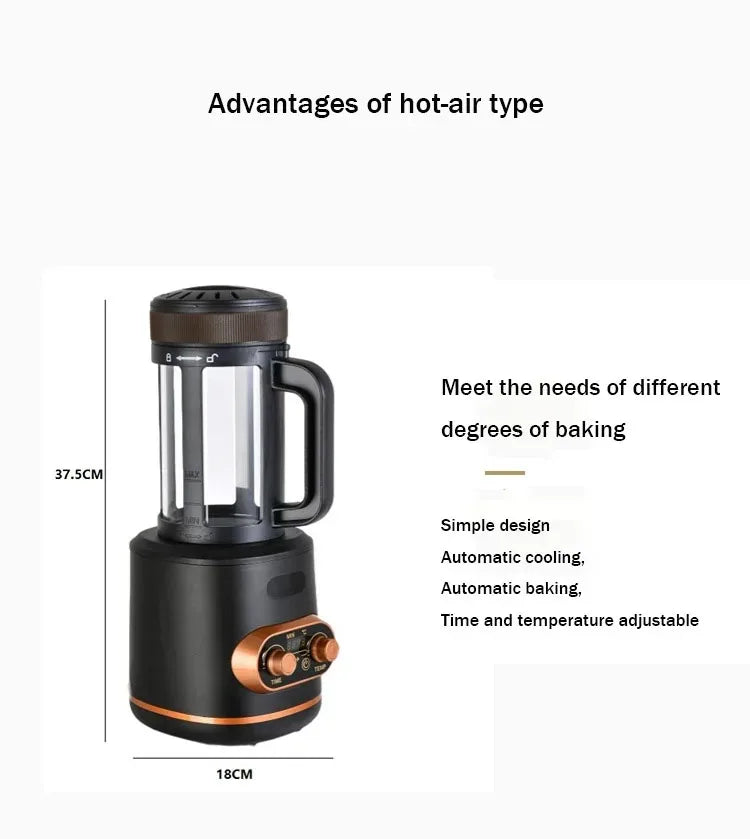 Black hot-air coffee bean roaster with digital display, copper accents, and 37.5cm height. Automatic cooling design.