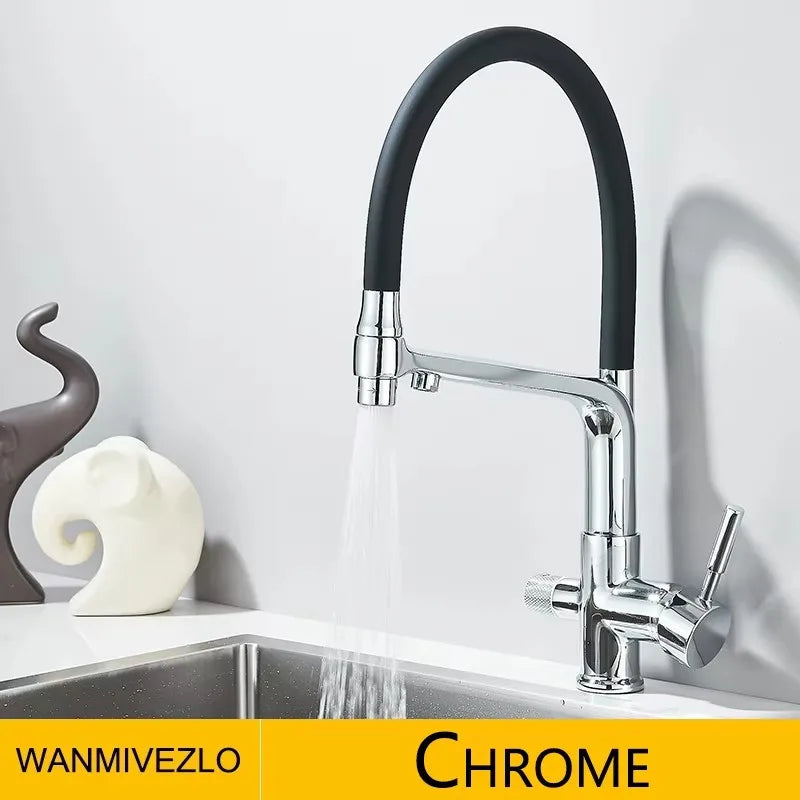 2-in-1 Filtered Kitchen Faucet, Dual Outlet Drinking Water Purifier Tap with Flexible Black Gooseneck, 360° Rotatable Single Handle Hot Cold Mixer Tap