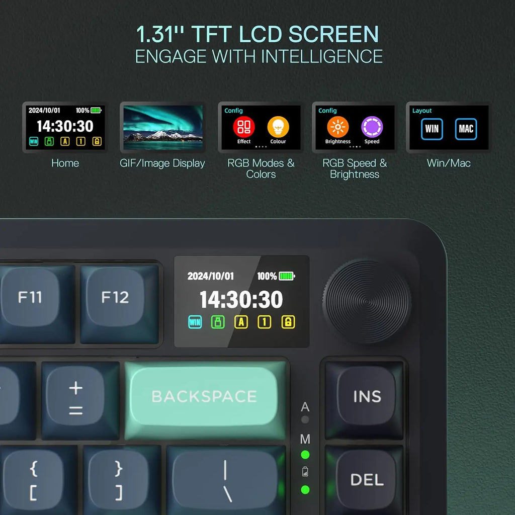Redragon K724 PRO Wireless Gasket Gaming Keyboard w/Hype Screen & Knob, 81-Key Mechanical Keyboard, Mint Mambo Switches