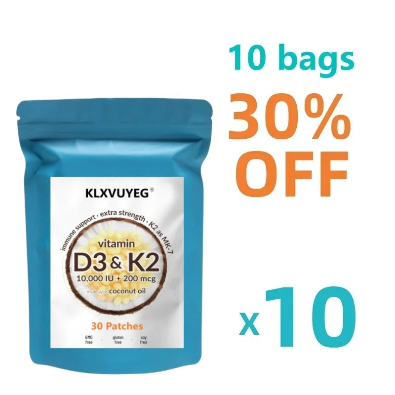 Tidesmit Vitamin D3 10000 IU plus K2 complex for bone, heart, and immune health, 10-bag bulk supply.