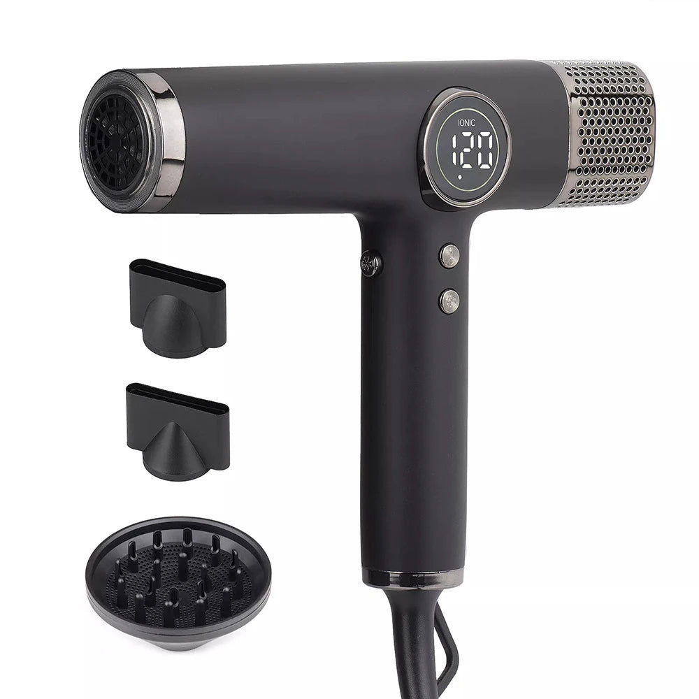 Matte black 1800W brushless hair dryer with digital display, styling nozzles, and diffuser for professional salon use.