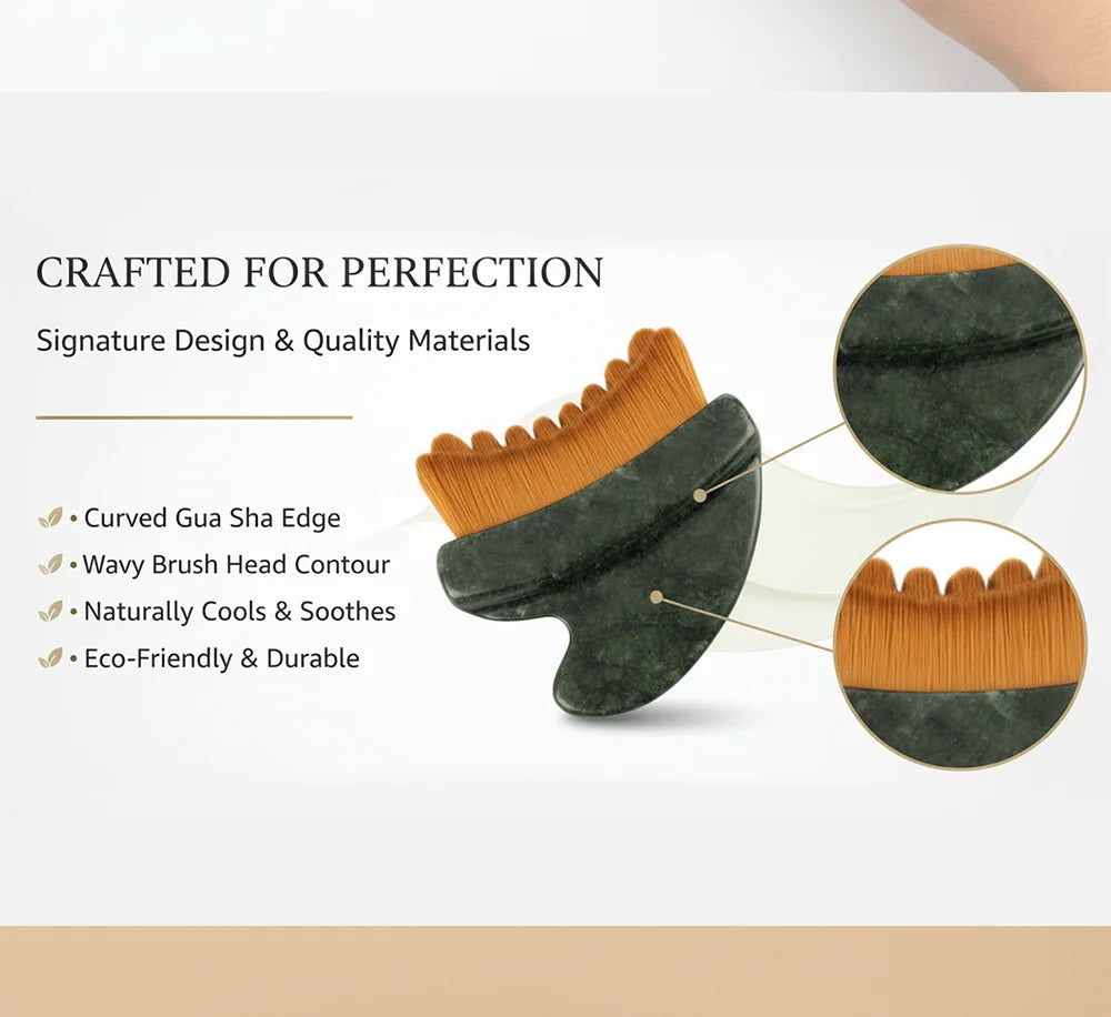 Green marble gua sha tool with a wavy, tan-bristled brush head and curved edges for lymphatic facial contouring.
