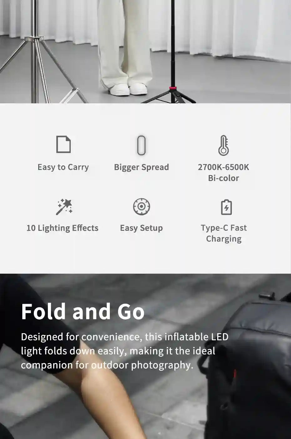 Inflatable LED light panel, rectangular and portable, featuring adjustable bi-color temperature for photography