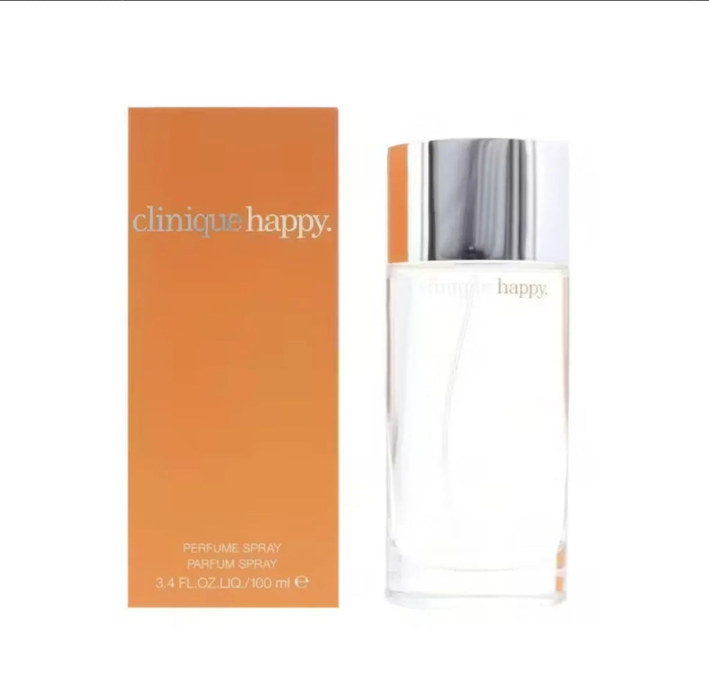 Clinique Happy for Women 3.4 oz Perfume Spray, citrus-floral scent in a sleek clear glass bottle and orange box.