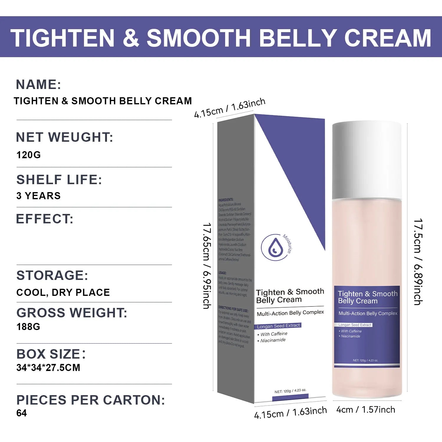 Tighten Smooth Belly Cream with Caffeine & Nicotinamide, Smoothing, Brightening, and Firming Body Lotion, 120g