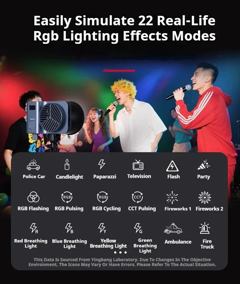 Compact grey LED video light on a tripod, showing 22 RGB lighting effect modes for photography and video production.