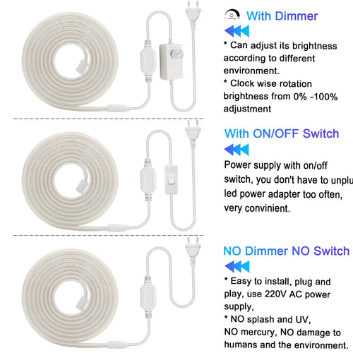 Coiled LED neon strip light with inline dimmer, on/off switch, and power modules