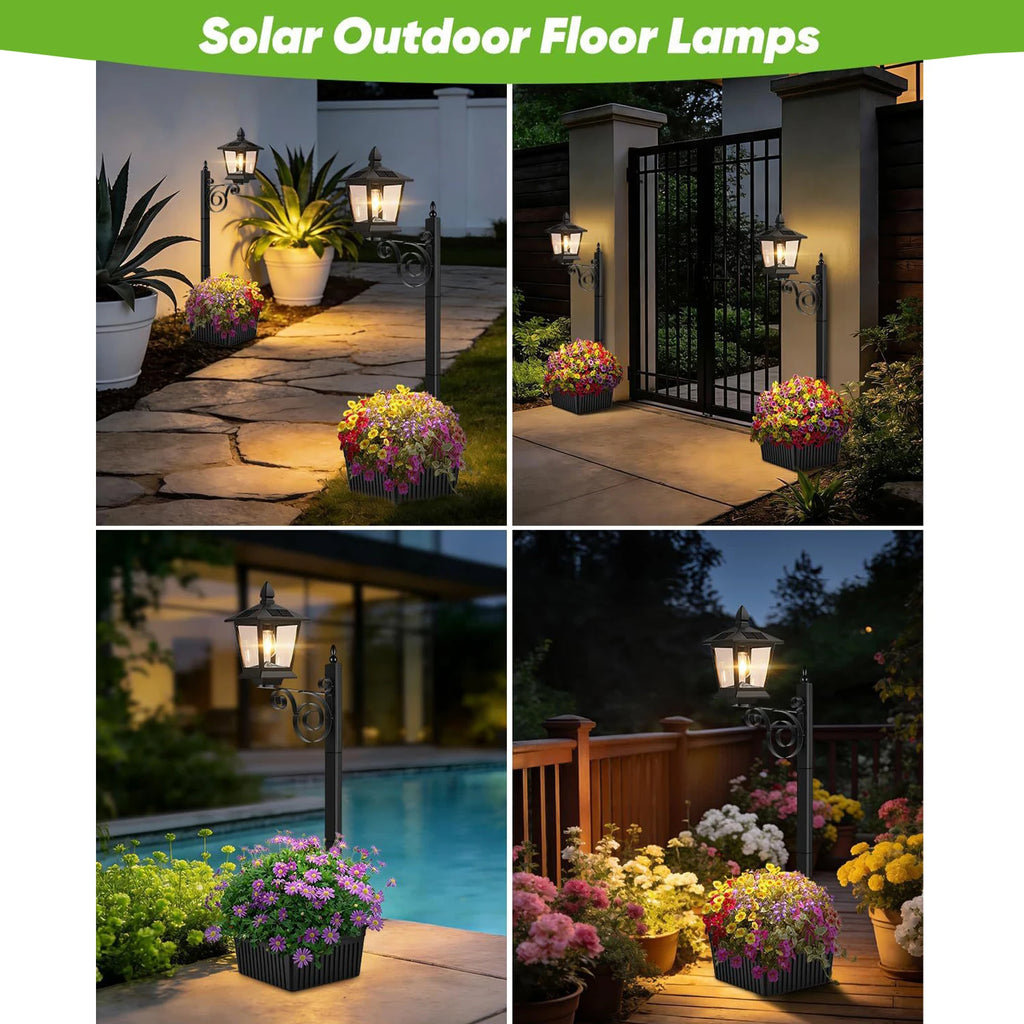 2 In 1 Outdoor Flower Pots Light with Planter Freestanding Planters Lamp Decorative Solar Lamp for Outside/Front Door/Yard/Lawn