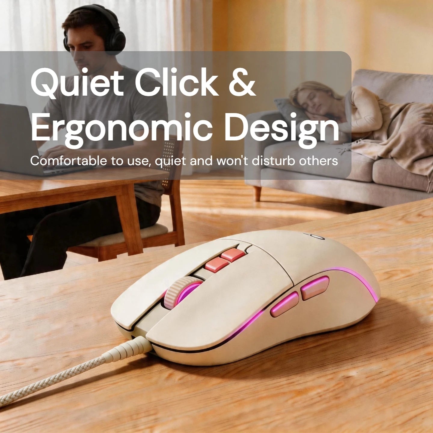 Silent Wired Mouse Aesthetic 2400 DPI Ergonomic USB Optical Computer Mouse for Women Girls Students Office Home Work Laptop PC MacBook Desktop Quiet Click Plug Play Cute Kawaii Mute Mice Sage Green Pink Beige Minimalist Desig