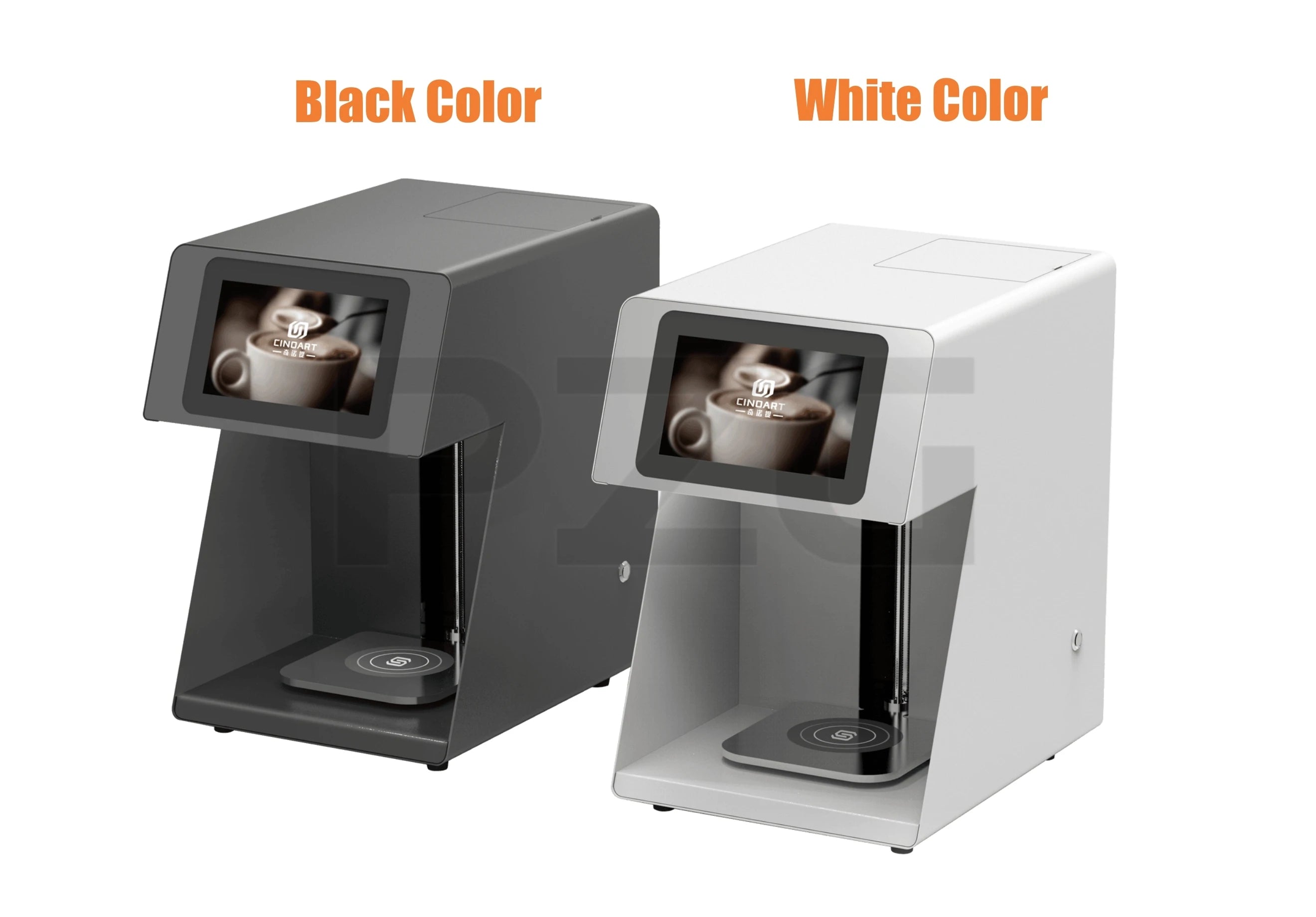 Cindart automatic coffee printer machines in black and white with digital touchscreens for latte art.