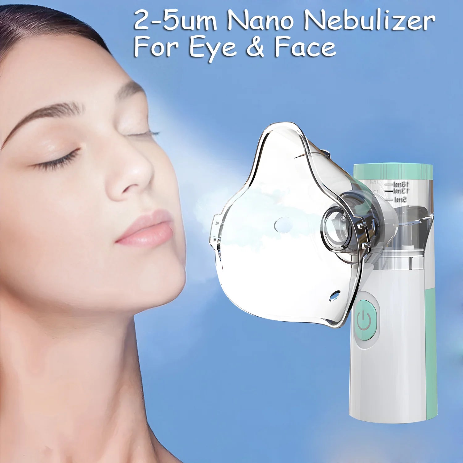 Woman using portable nano eye steamer and face nebulizer mask to relieve dry eyes and fatigue with moisturizing mist.