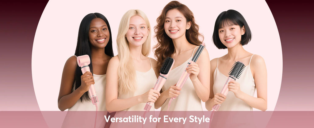 Pink 5-in-1 air wrap hair styler with dryer, curler, and brush attachments for frizz-free professional salon styling.