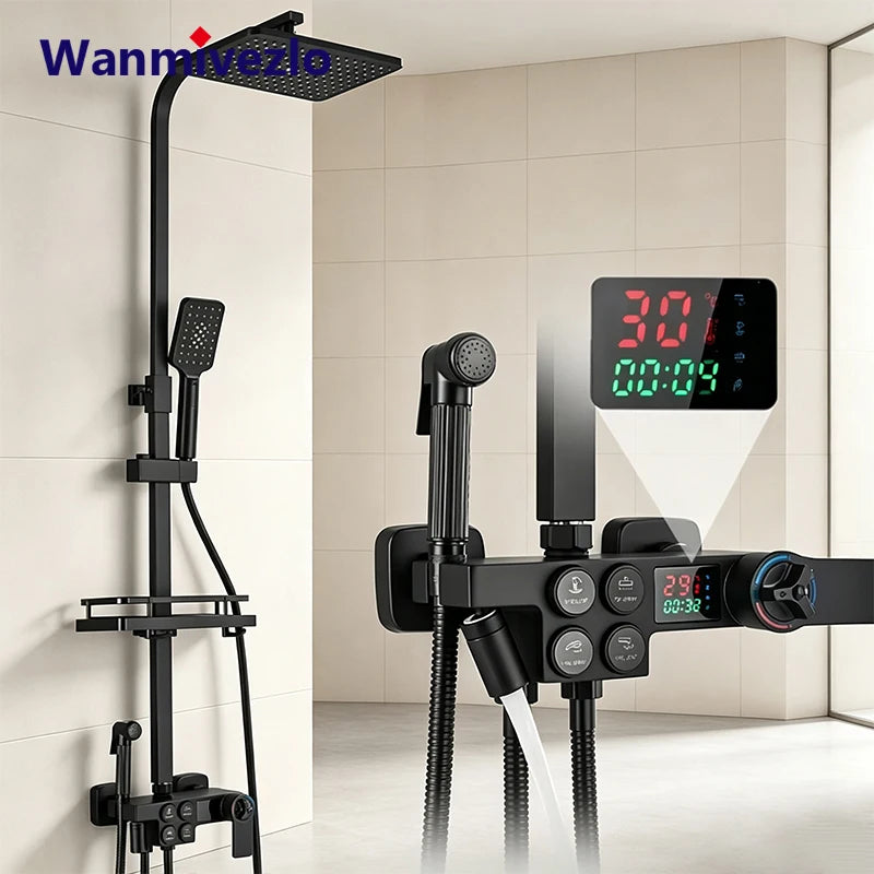 Thermostatic Rainfall Shower System, 360° Freely Rotating Top Shower Head with Swing Handheld Sprayer, Wall Mounted Constant Temperature Anti-Scald Shower Mixer Faucet Set for Modern Bathroom Renovation