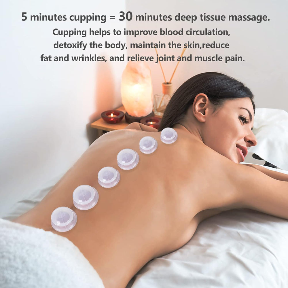 A woman lies on her stomach with six clear, flexible silicone suction cups placed along her spine for therapy.