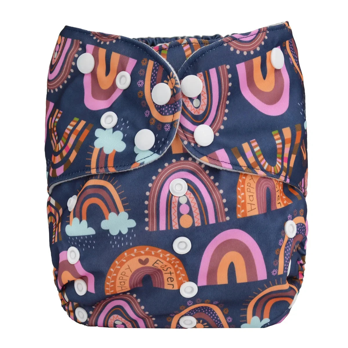 Reusable baby cloth diaper in navy blue with a festive "Happy Easter" rainbow print and adjustable snap closures.