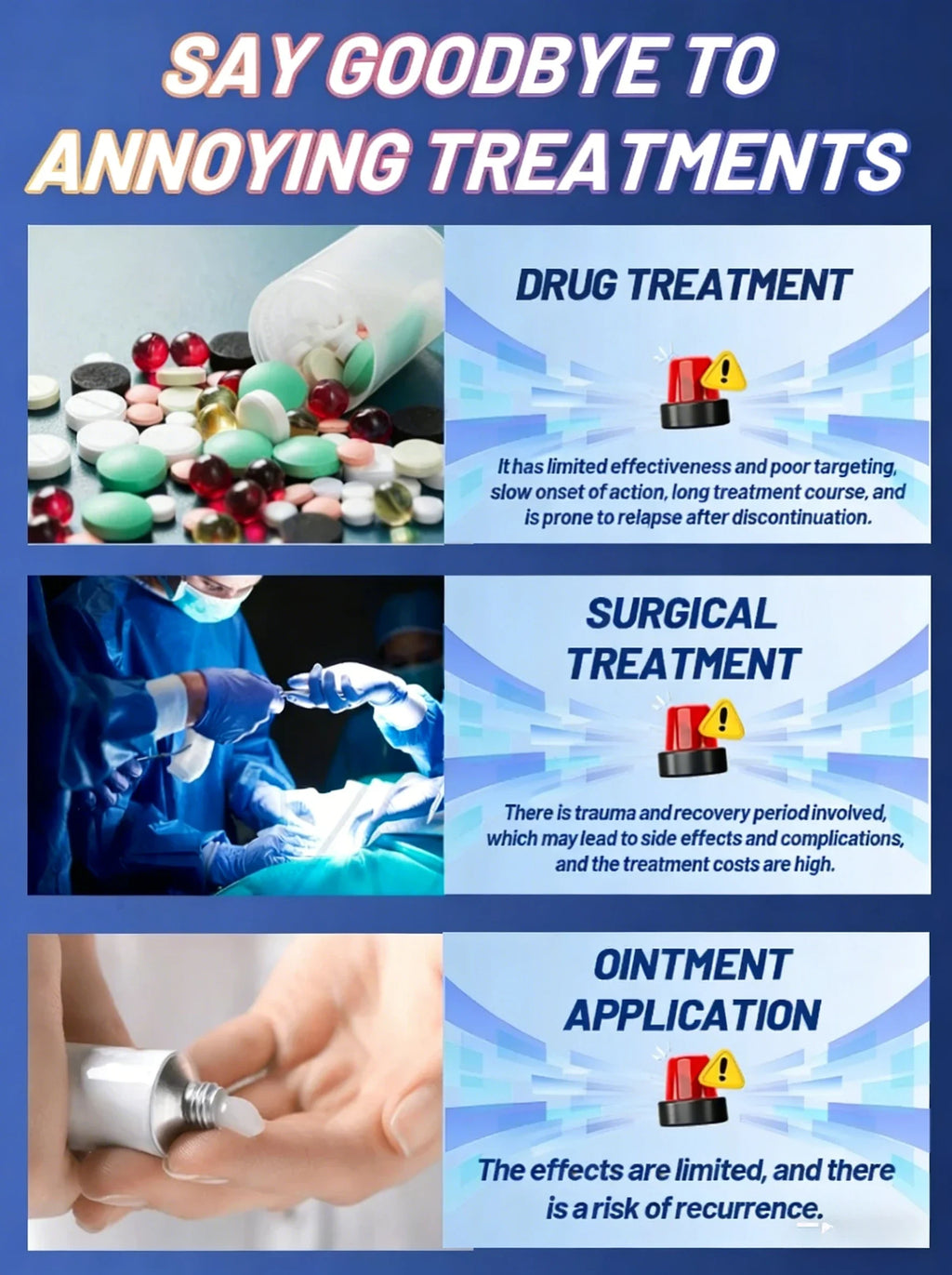 Comparison of drug, surgical, and ointment treatments with red alert icons, emphasizing limitations of traditional care.
